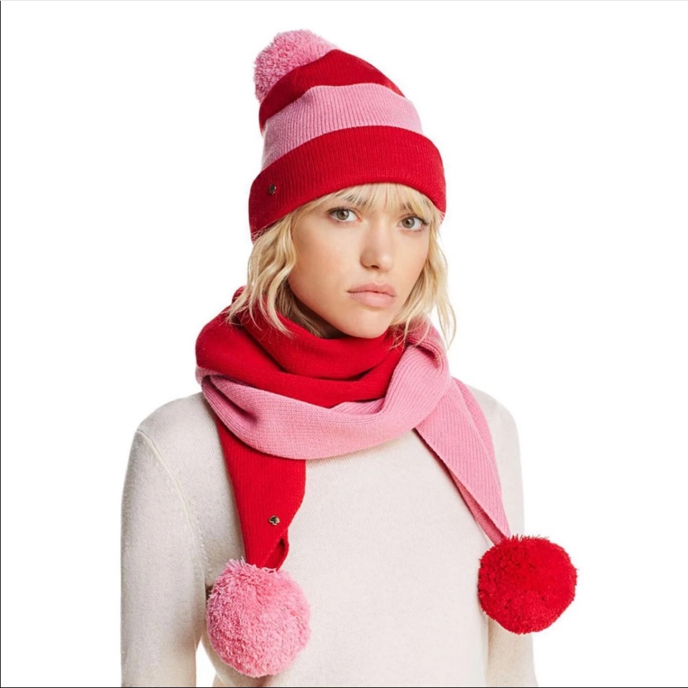 Kate Spade Pom Pom color block scarf and Beanie